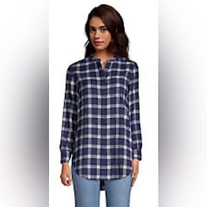 Flannel plaid button-down navy plaid tunic cozy 100% cotton feminine petite